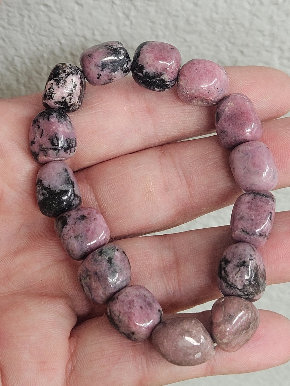 Charged Engergized Natural Rhodonite Bead Stretch Bracelet - Pink and Black